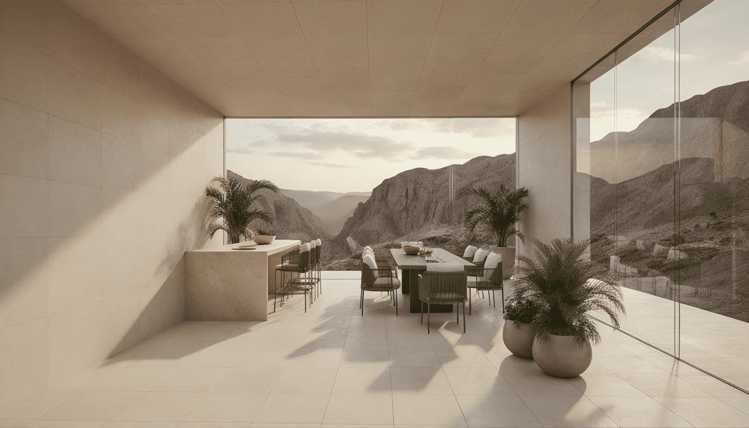 Terrace dining with mountain view