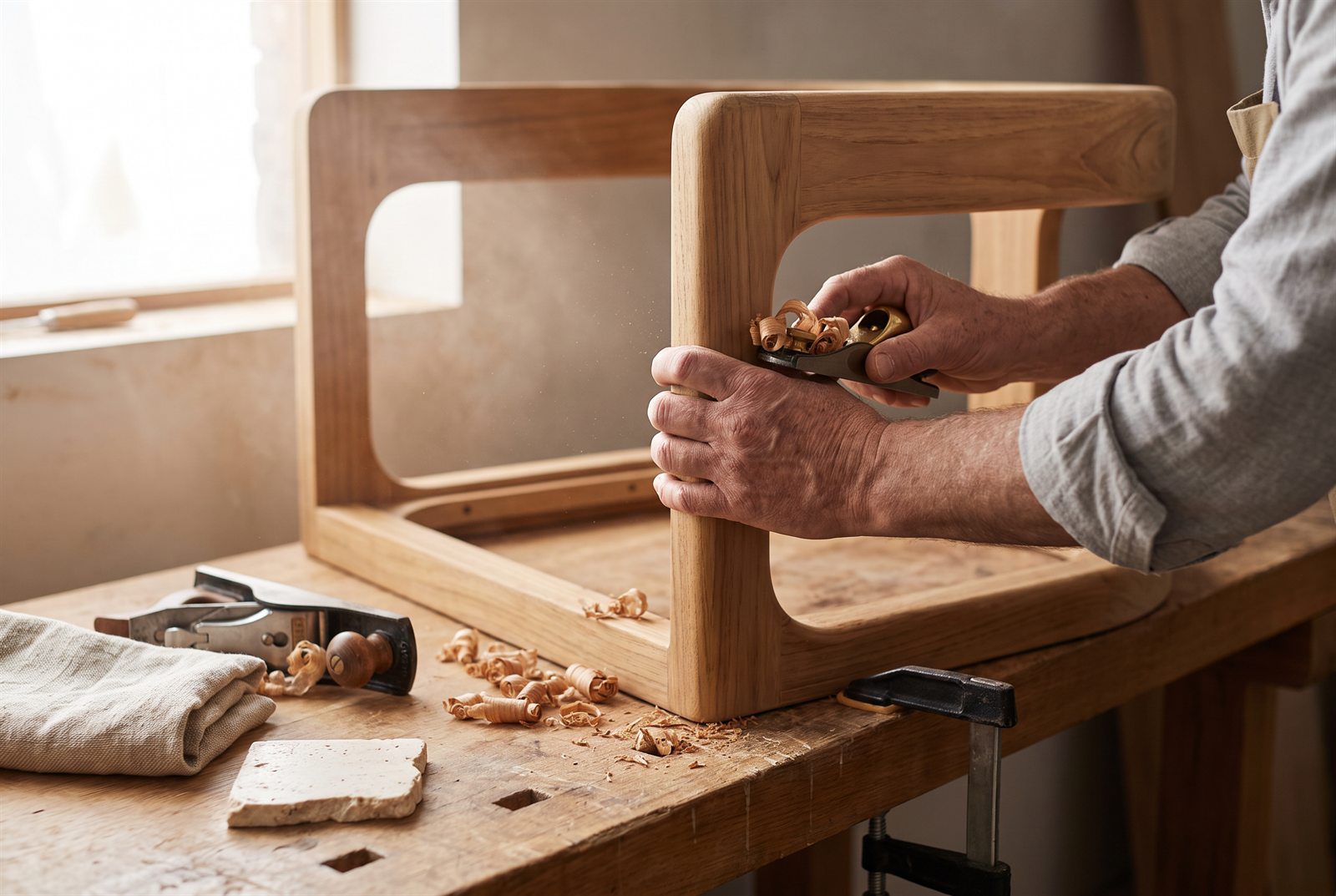 Design A teak chair frame being finished by hand